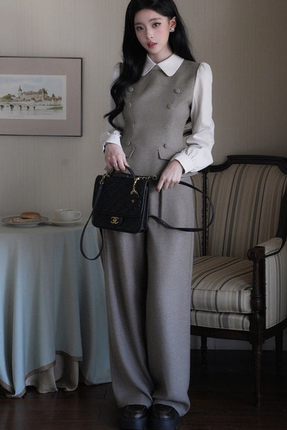 Doll Collar Puff Sleeve Shirt and Pants Set-Up