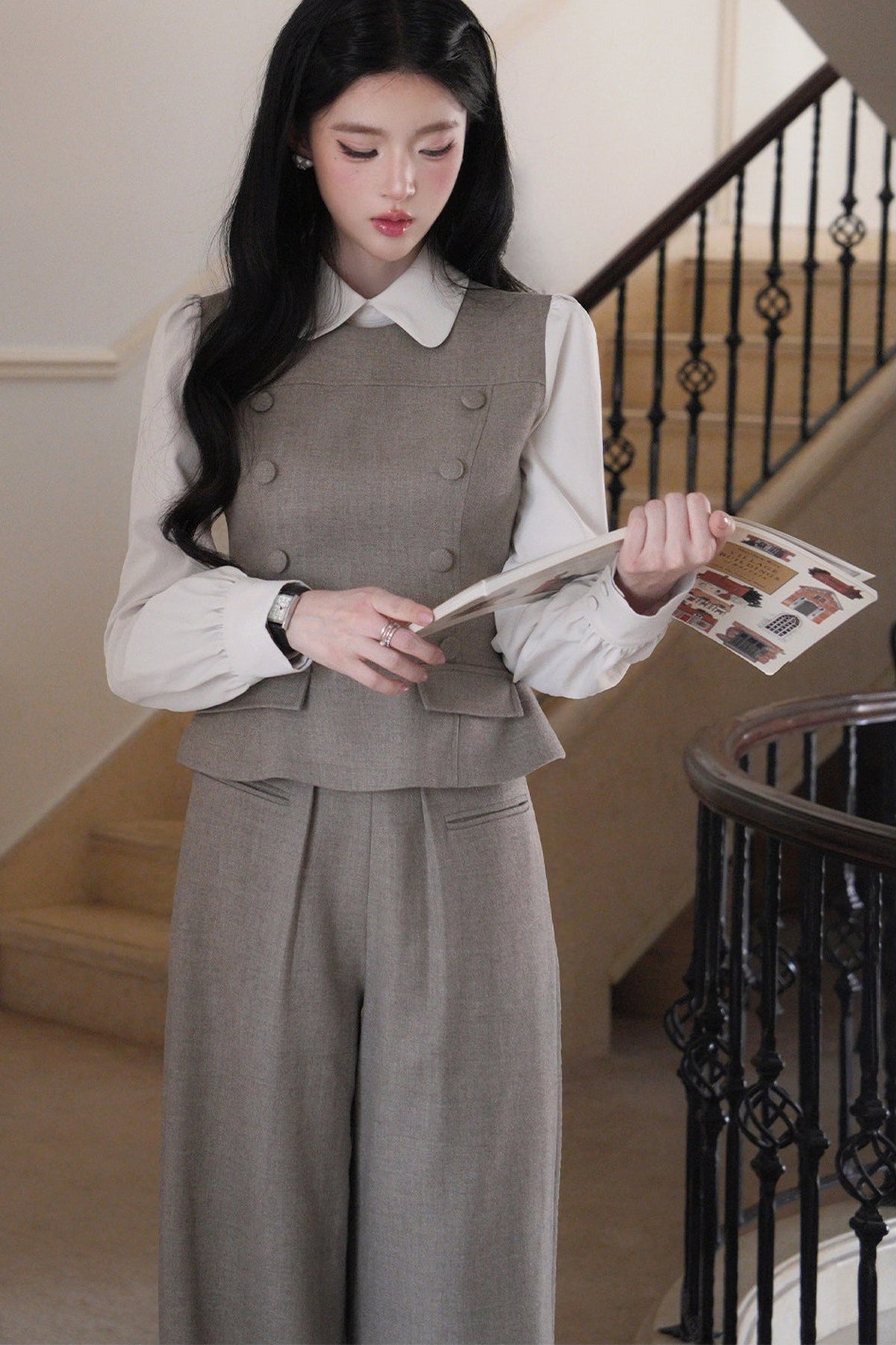 Doll Collar Puff Sleeve Shirt and Pants Set-Up