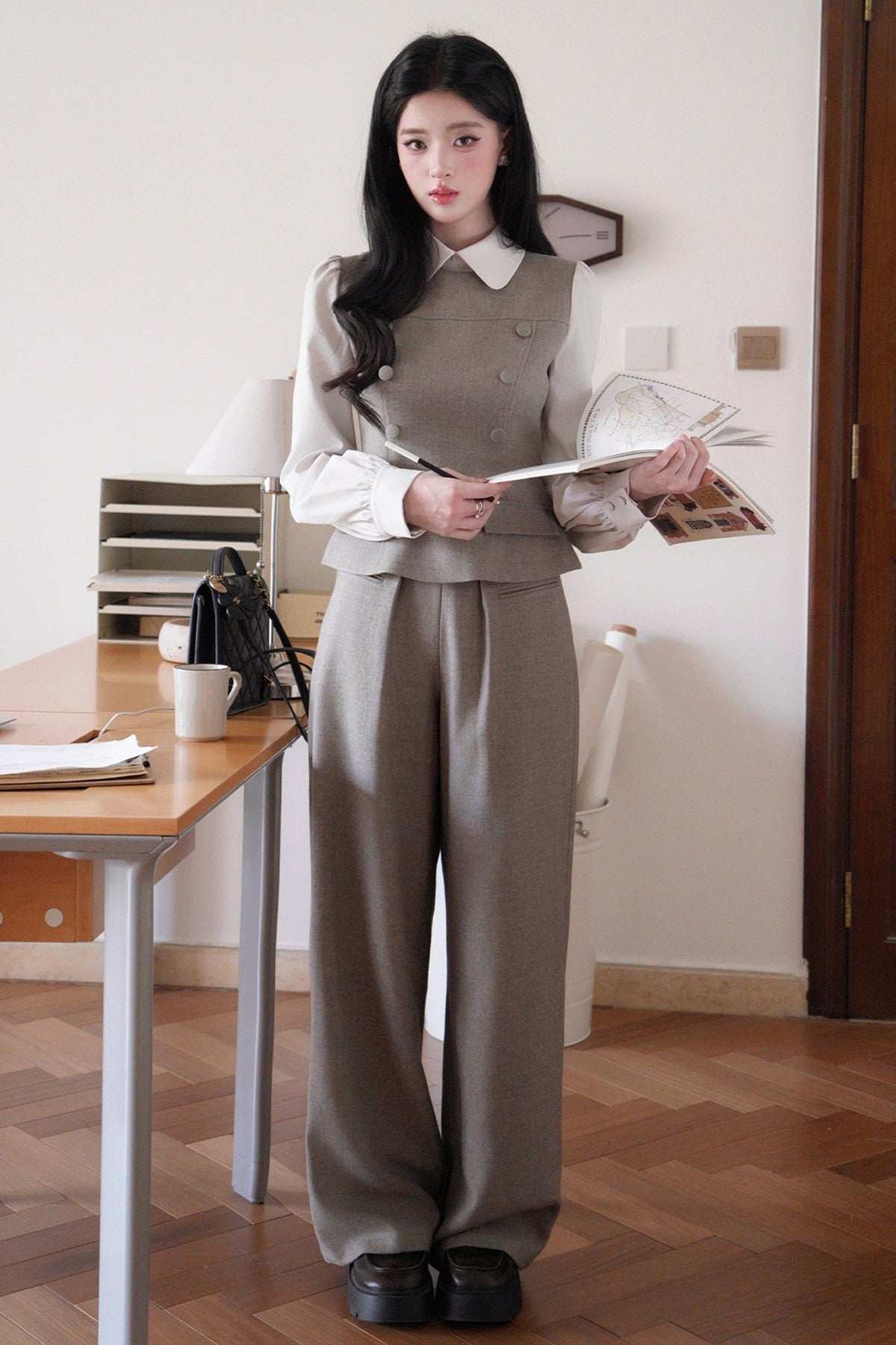 Doll Collar Puff Sleeve Shirt and Pants Set-Up
