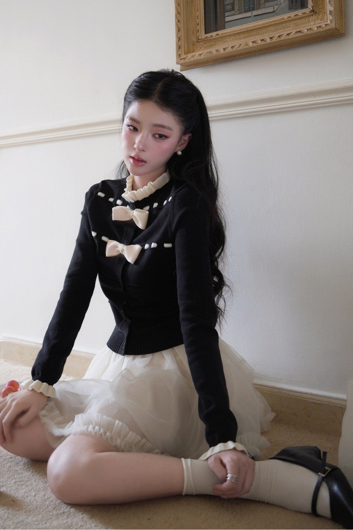 Bow Lace Collar Knitted Cardigan and Skirt Set-Up