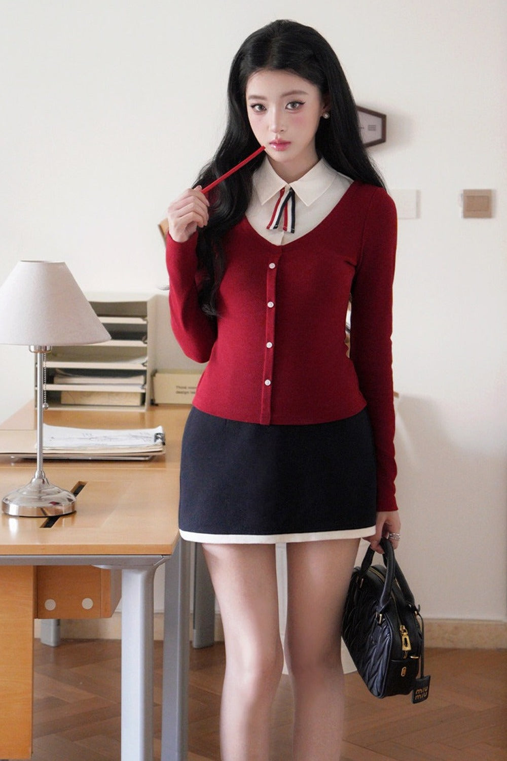 Color-Block Knit Cardigan and Skirt Set-Up
