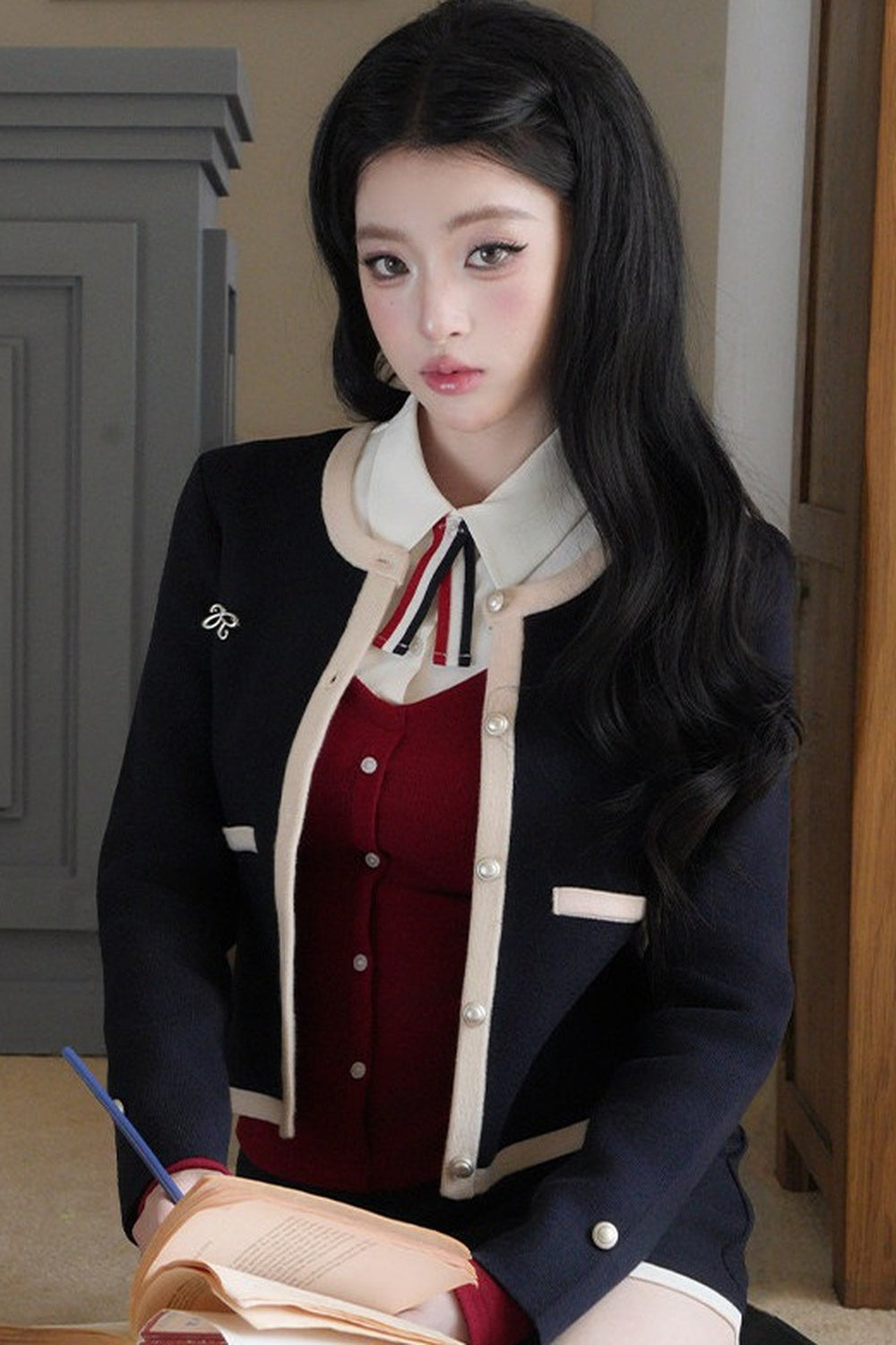 Color-Block Knit Cardigan and Skirt Set-Up