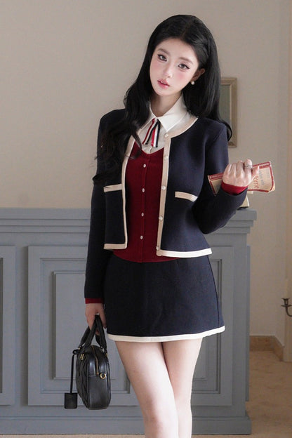 Color-Block Knit Cardigan and Skirt Set-Up