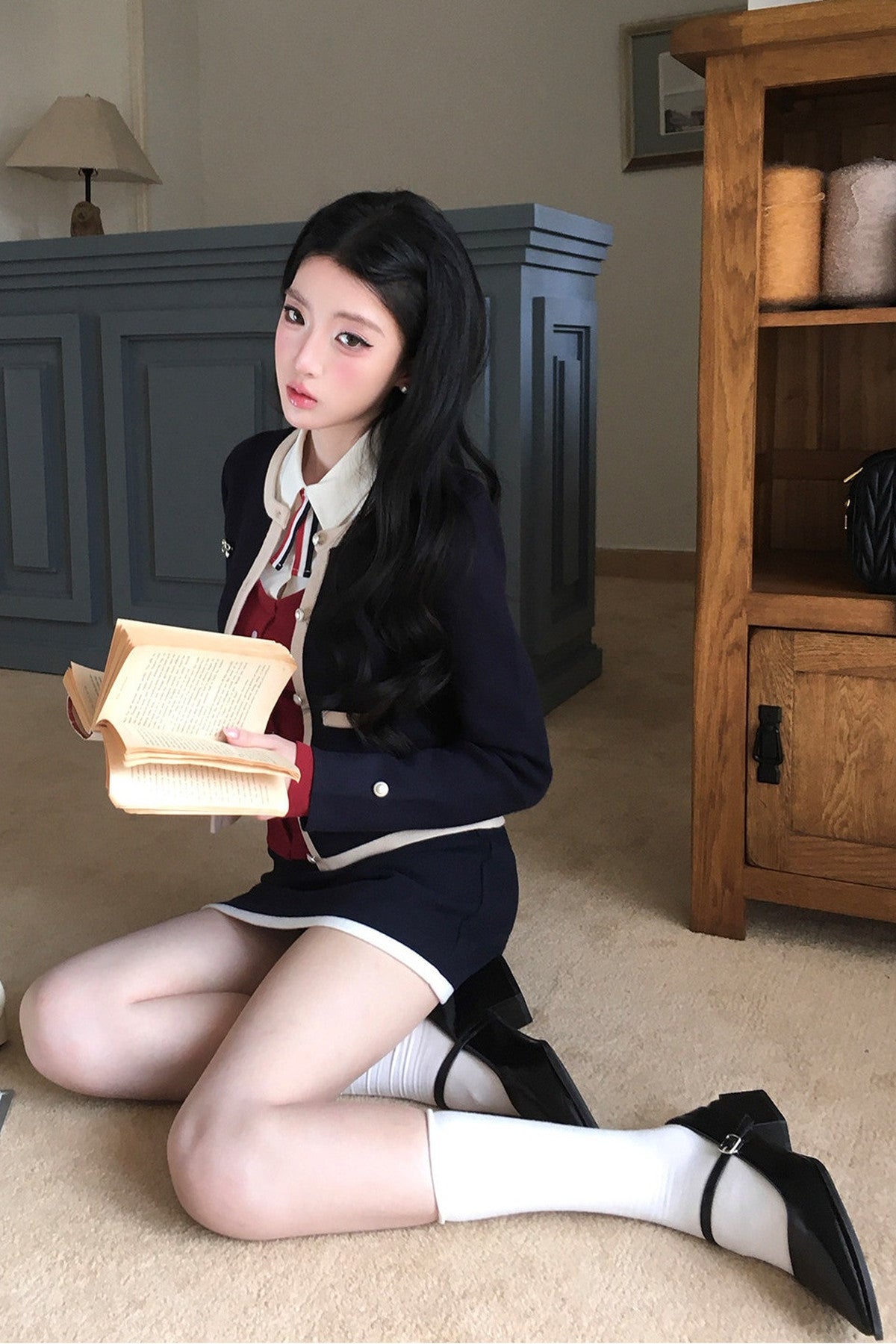 Color-Block Knit Cardigan and Skirt Set-Up
