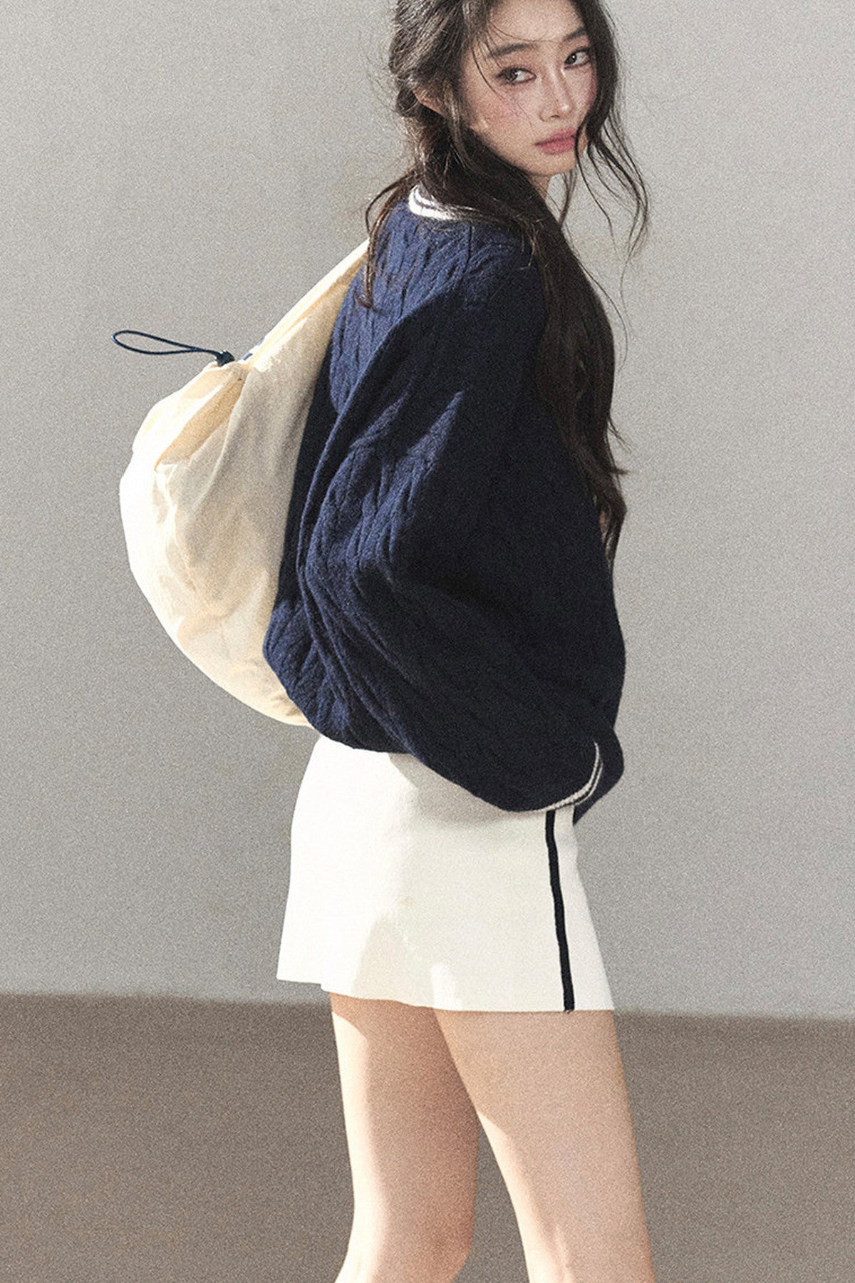 Navy Blue Sweater And White Mini Skirt Set-Up