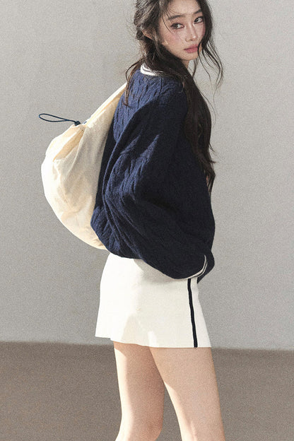 Navy Blue Sweater And White Mini Skirt Set-Up
