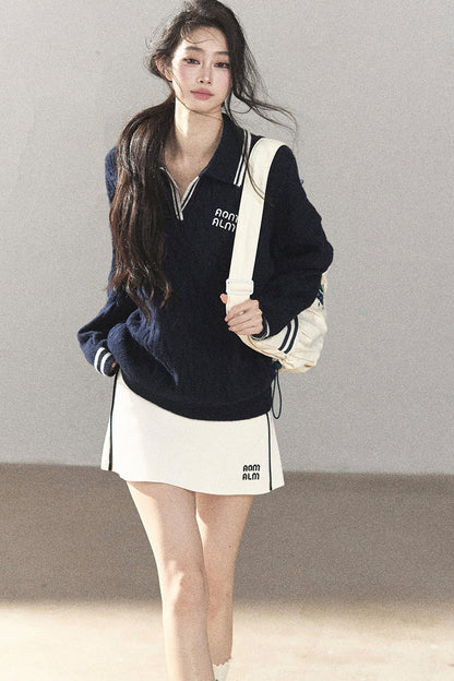 Navy Blue Sweater And White Mini Skirt Set-Up