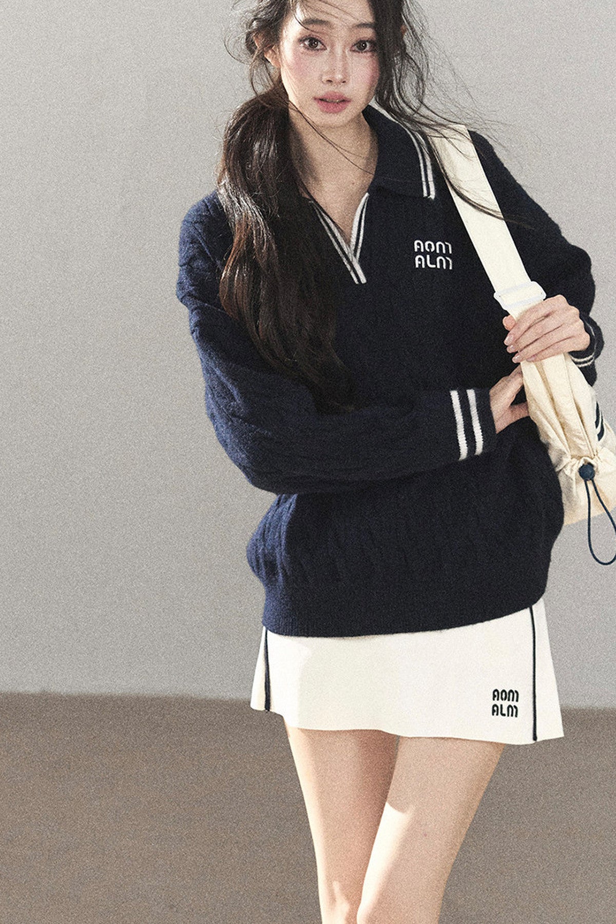 Navy Blue Sweater And White Mini Skirt Set-Up