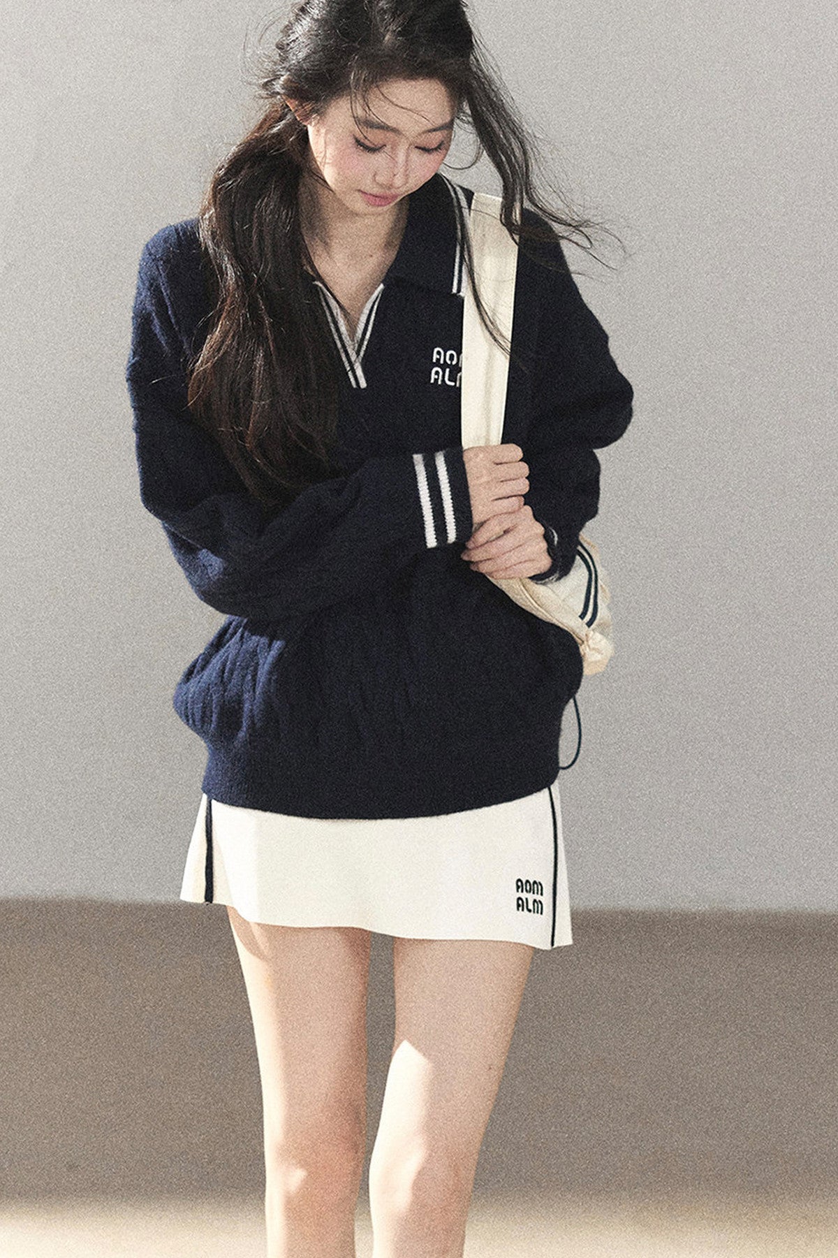 Navy Blue Sweater And White Mini Skirt Set-Up