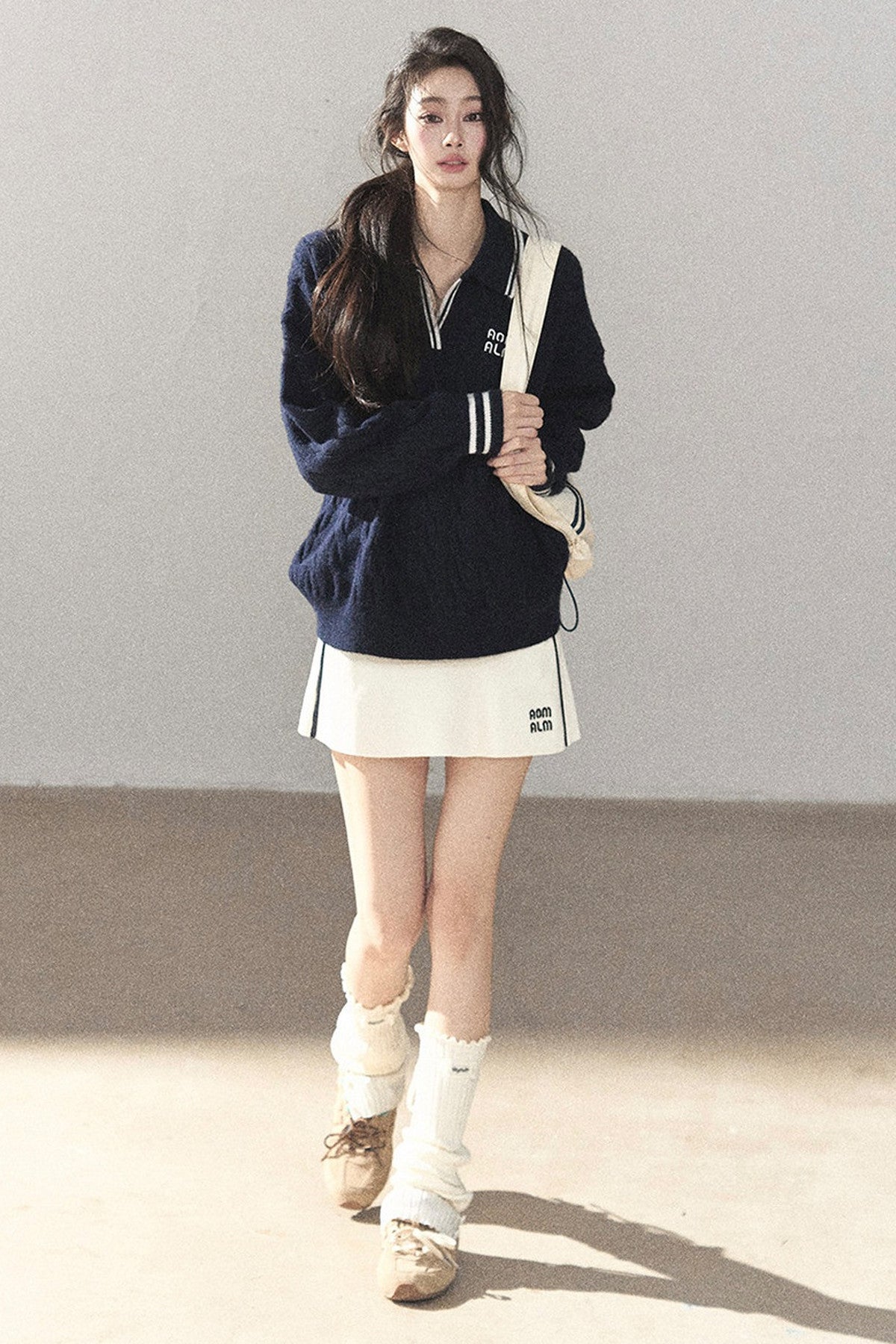 Navy Blue Sweater And White Mini Skirt Set-Up