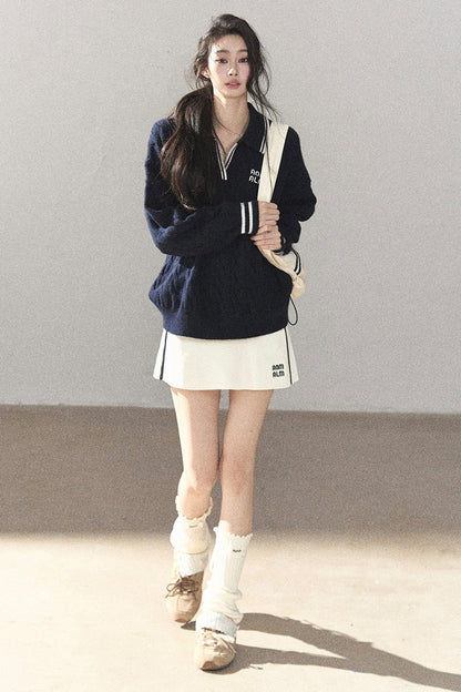 Navy Blue Sweater And White Mini Skirt Set-Up