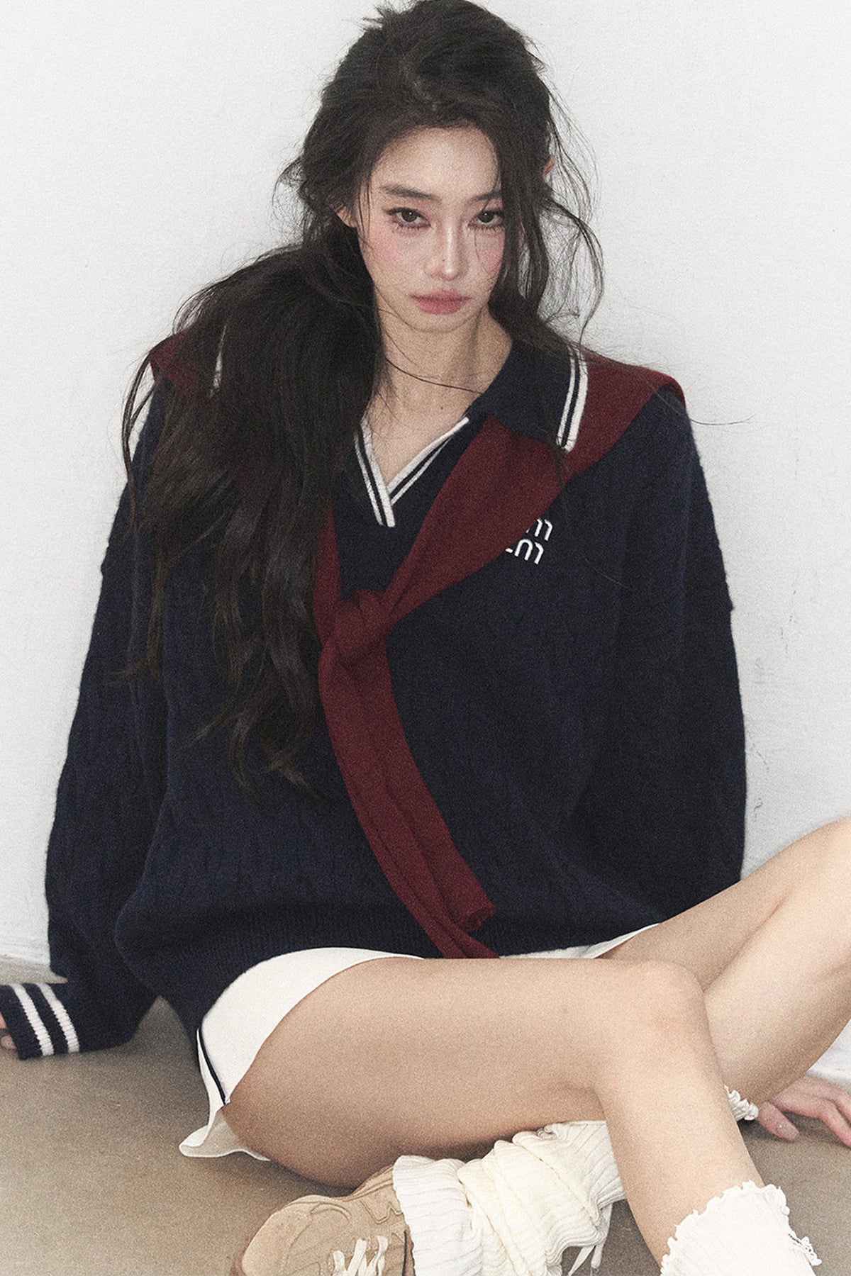Navy Blue Sweater And White Mini Skirt Set-Up