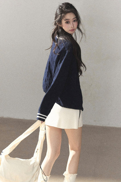 Navy Blue Sweater And White Mini Skirt Set-Up