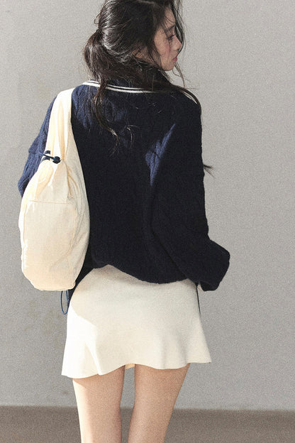 Navy Blue Sweater And White Mini Skirt Set-Up