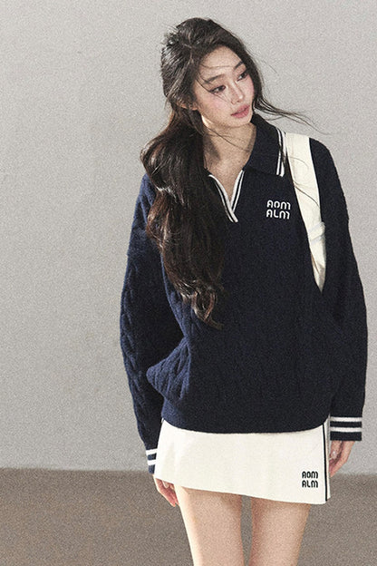 Navy Blue Sweater And White Mini Skirt Set-Up