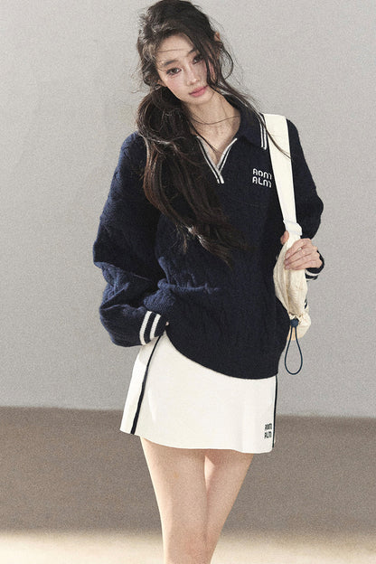 Navy Blue Sweater And White Mini Skirt Set-Up