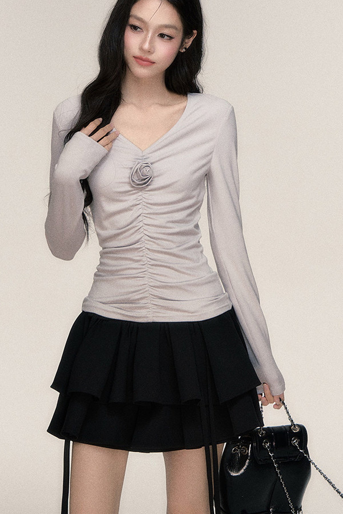 Rose Brooch Ruched Layered T-shirt