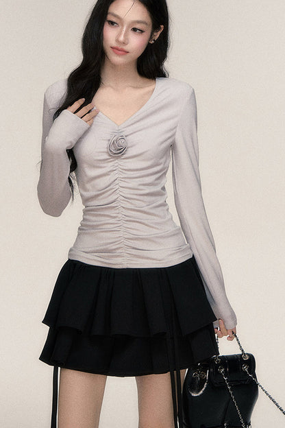 Rose Brooch Ruched Layered T-shirt