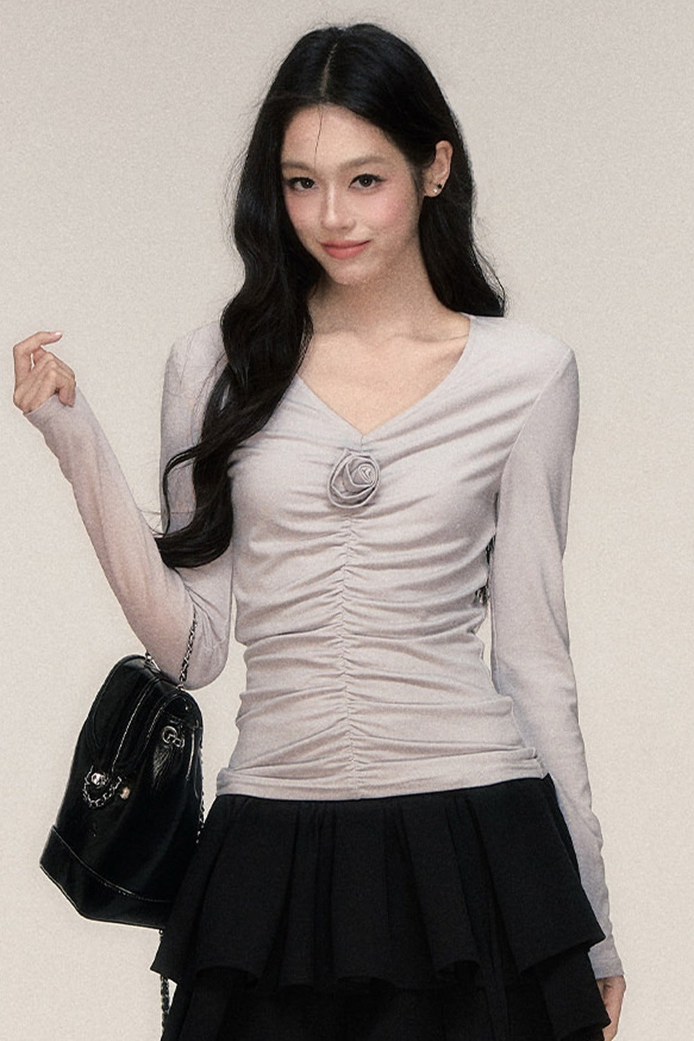 Rose Brooch Ruched Layered T-shirt