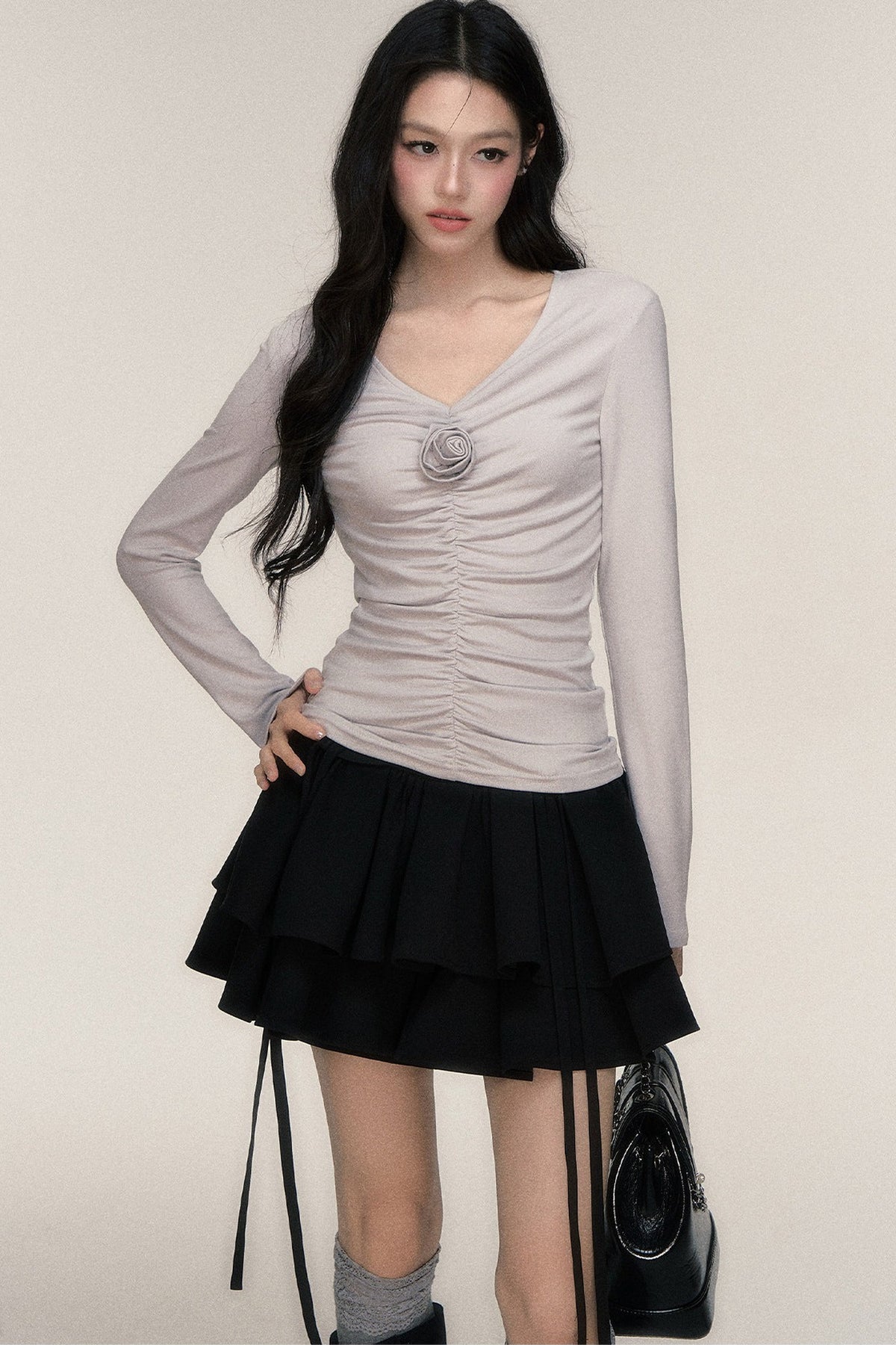 Rose Brooch Ruched Layered T-shirt