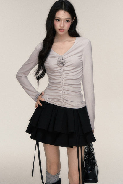 Rose Brooch Ruched Layered T-shirt