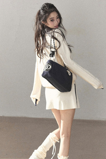 College Style Knitted Top and Short Skirt Two-Piece Set-Up