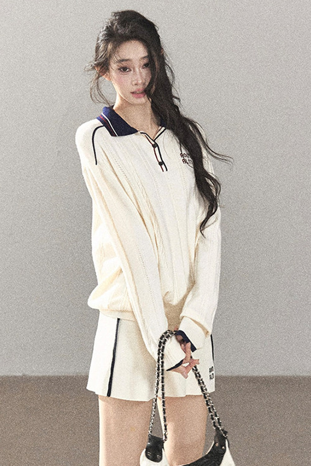 College Style Knitted Top and Short Skirt Two-Piece Set-Up