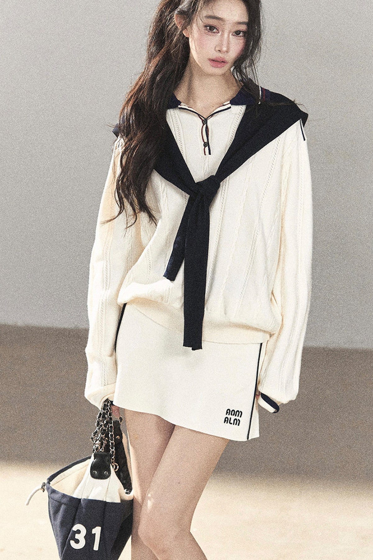 College Style Knitted Top and Short Skirt Two-Piece Set-Up