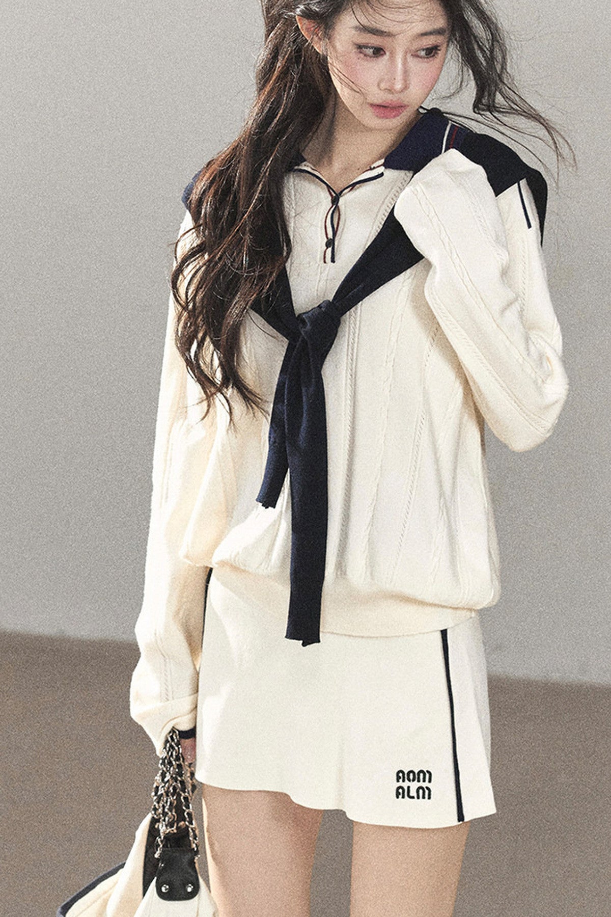 College Style Knitted Top and Short Skirt Two-Piece Set-Up