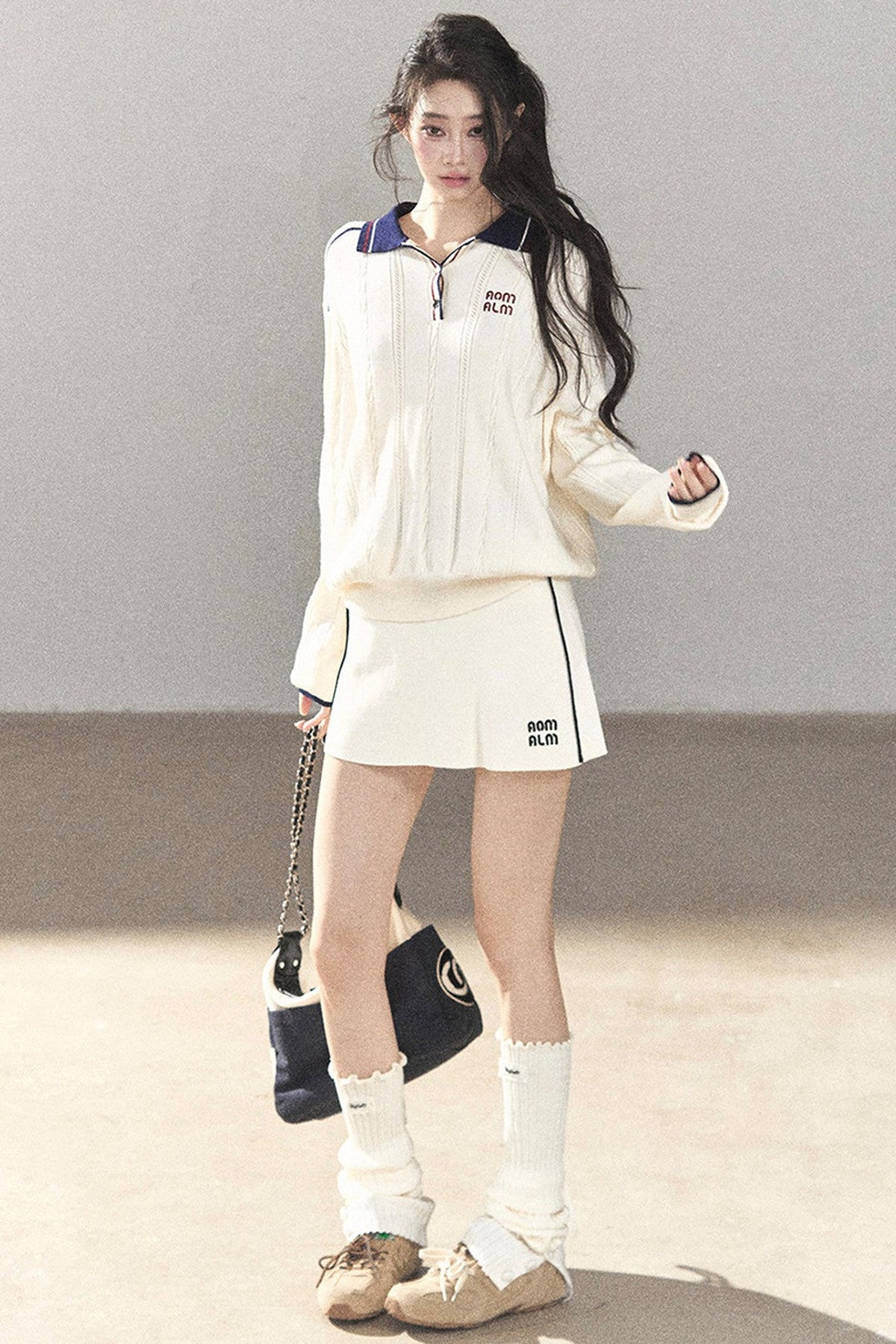 College Style Knitted Top and Short Skirt Two-Piece Set-Up