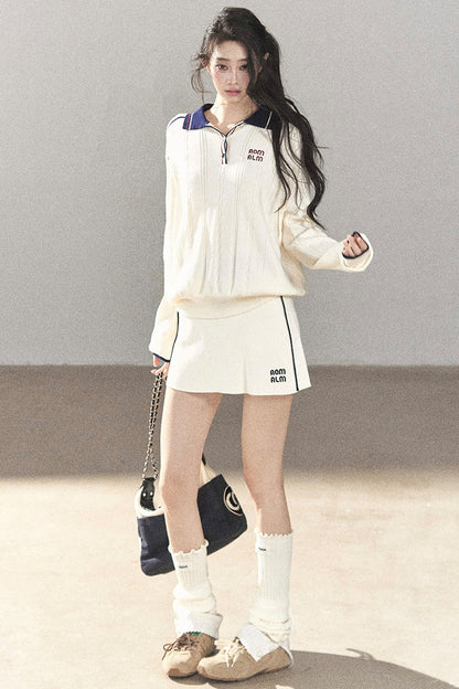 College Style Knitted Top and Short Skirt Two-Piece Set-Up