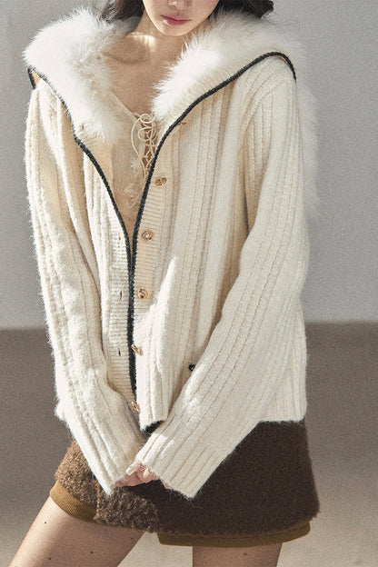 Navy Collar Wool Ribbed Striped Cardigan