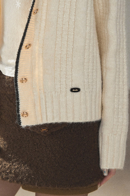 Navy Collar Wool Ribbed Striped Cardigan