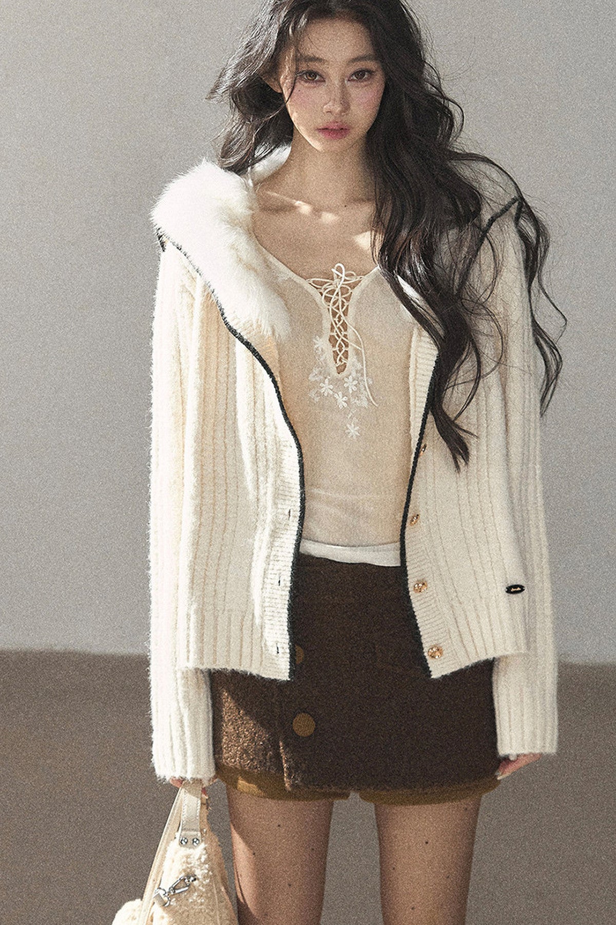 Navy Collar Wool Ribbed Striped Cardigan