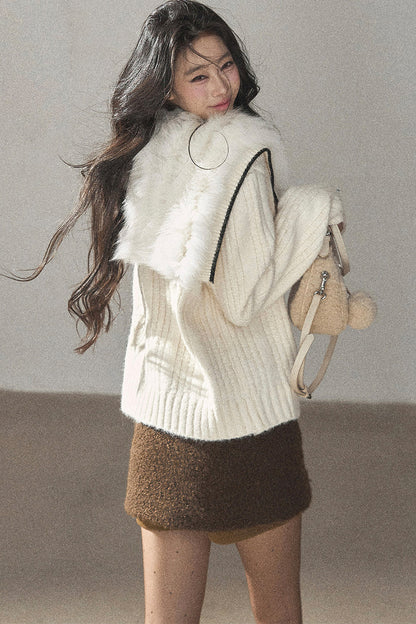 Navy Collar Wool Ribbed Striped Cardigan