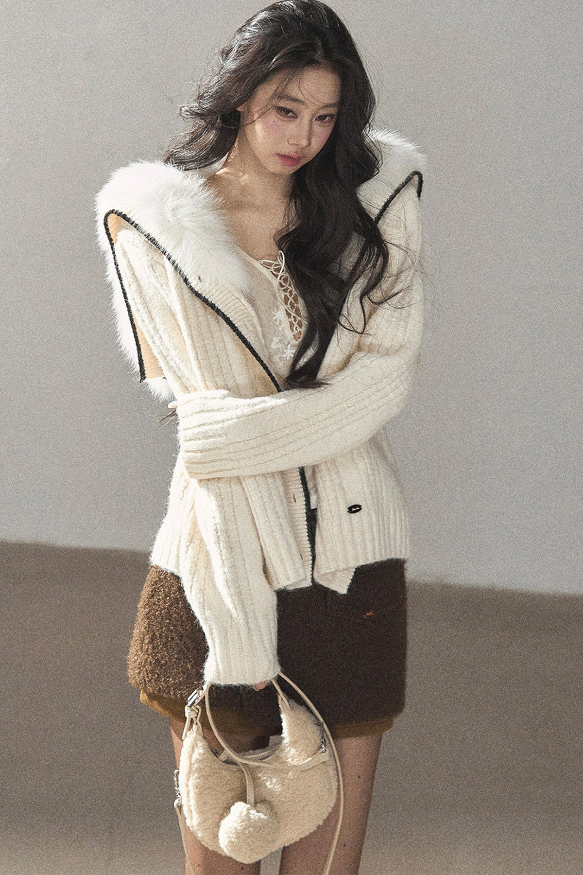 Navy Collar Wool Ribbed Striped Cardigan
