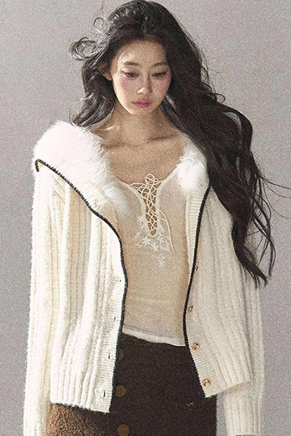 Navy Collar Wool Ribbed Striped Cardigan