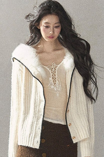 Navy Collar Wool Ribbed Striped Cardigan