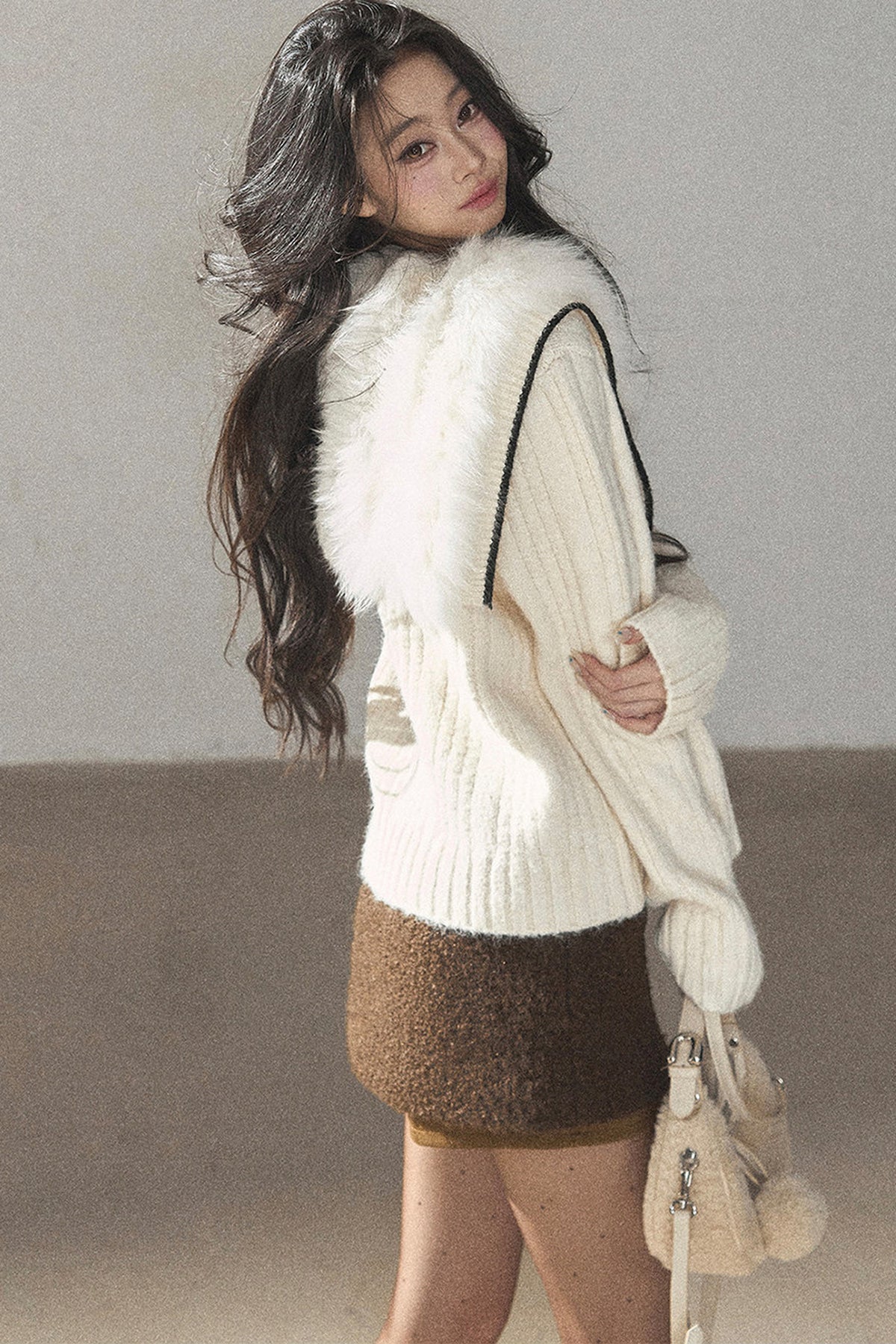 Navy Collar Wool Ribbed Striped Cardigan
