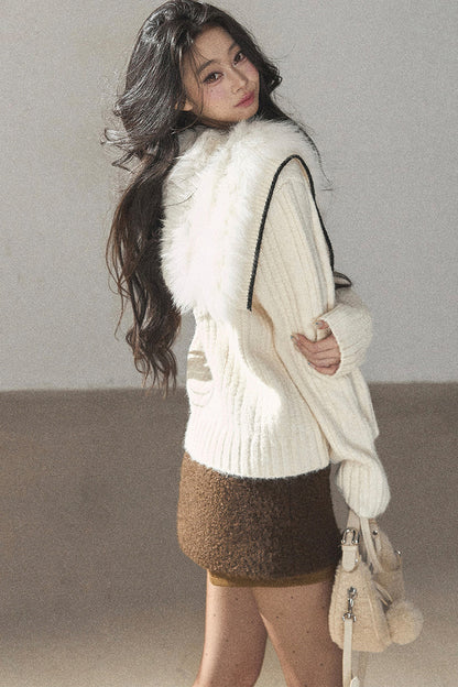 Navy Collar Wool Ribbed Striped Cardigan