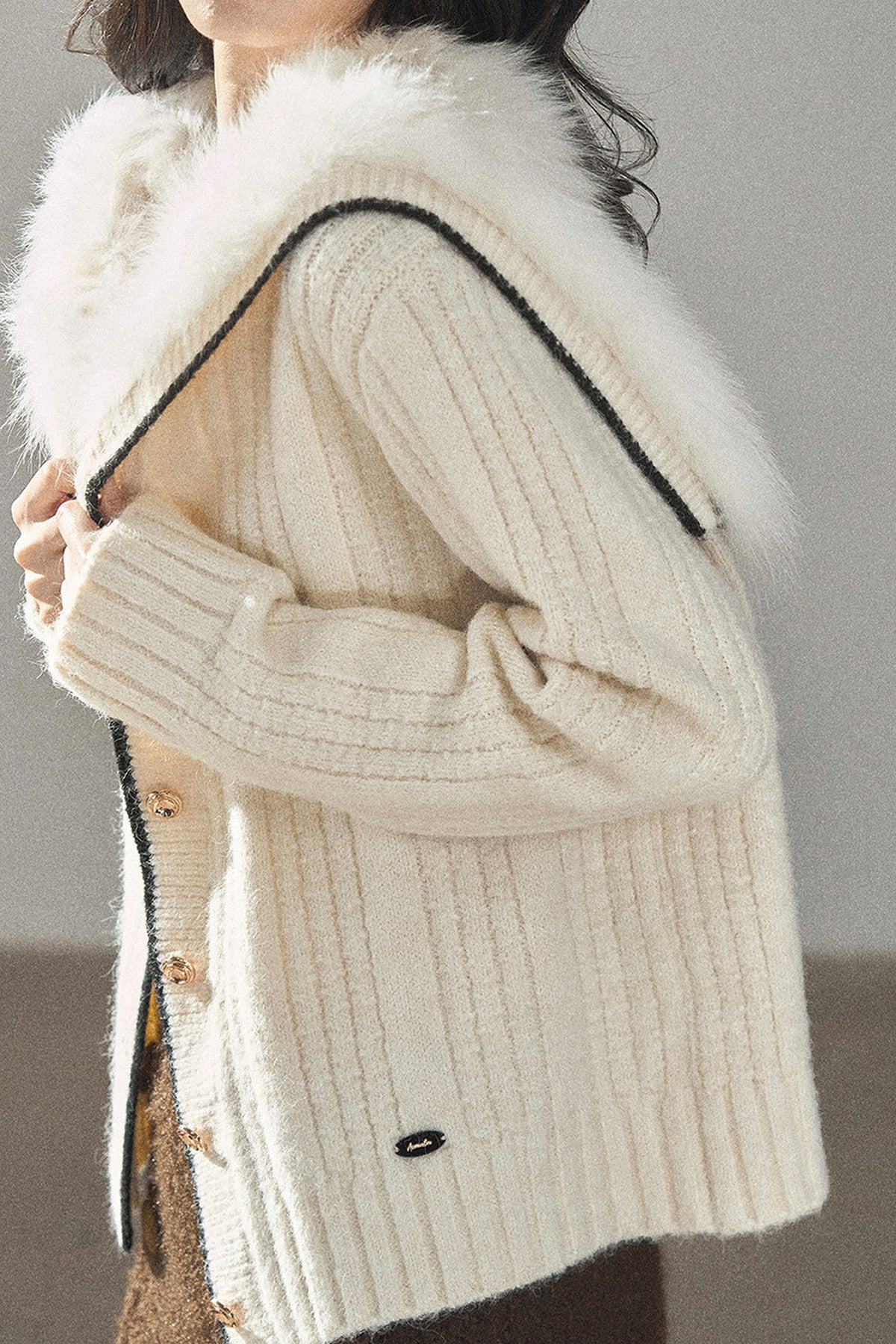 Navy Collar Wool Ribbed Striped Cardigan