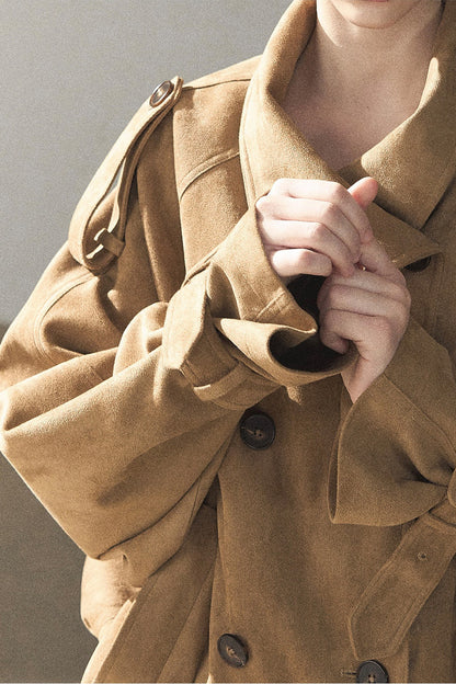 Chestnut Brown Faux Suede Windbreaker and Shorts Set-Up