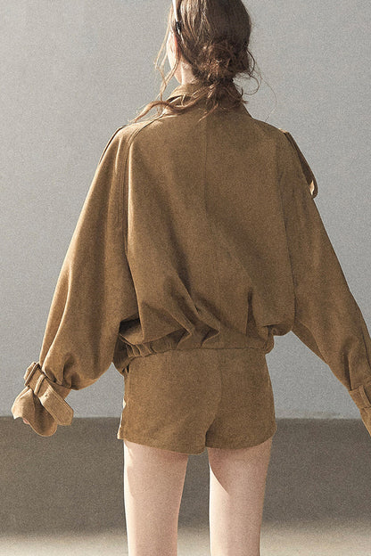 Chestnut Brown Faux Suede Windbreaker and Shorts Set-Up