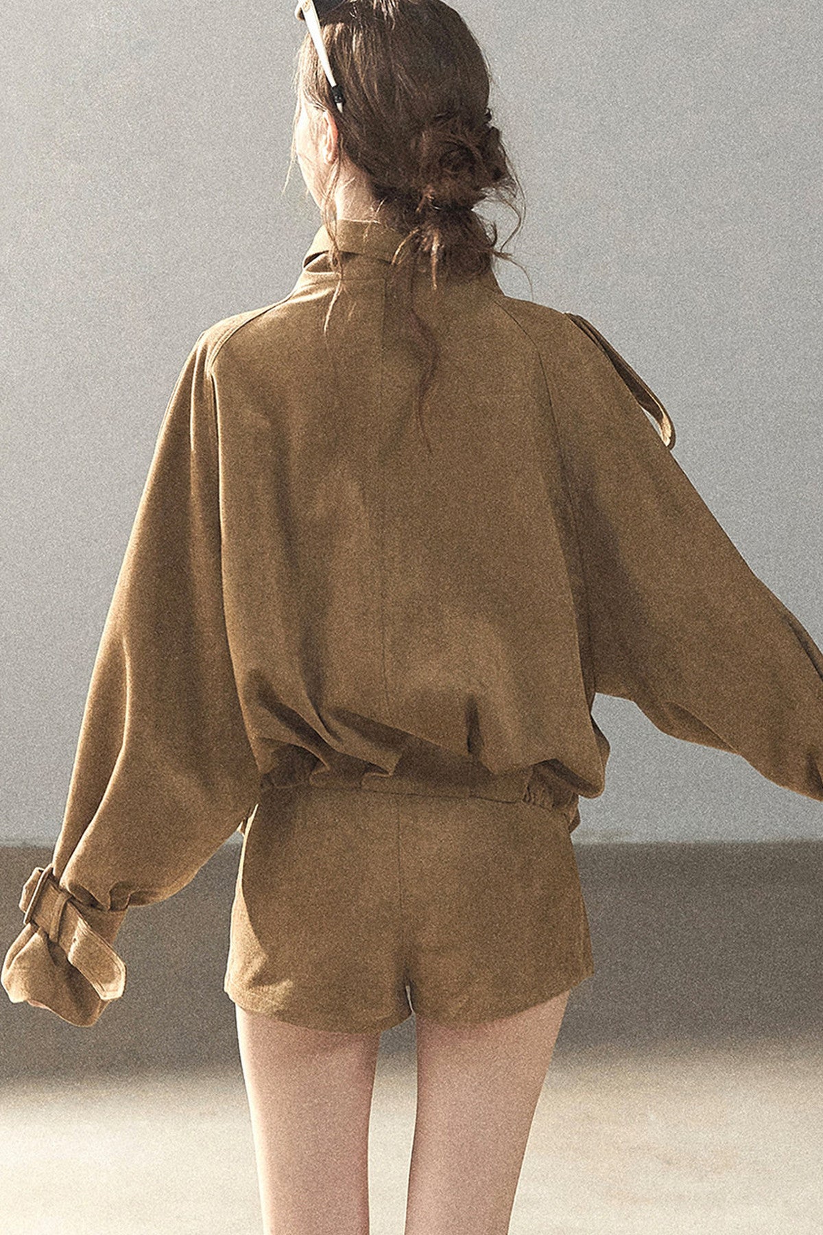 Chestnut Brown Faux Suede Windbreaker and Shorts Set-Up