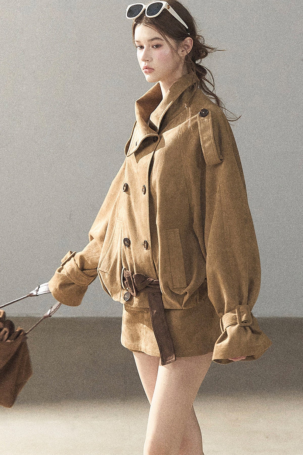 Chestnut Brown Faux Suede Windbreaker and Shorts Set-Up