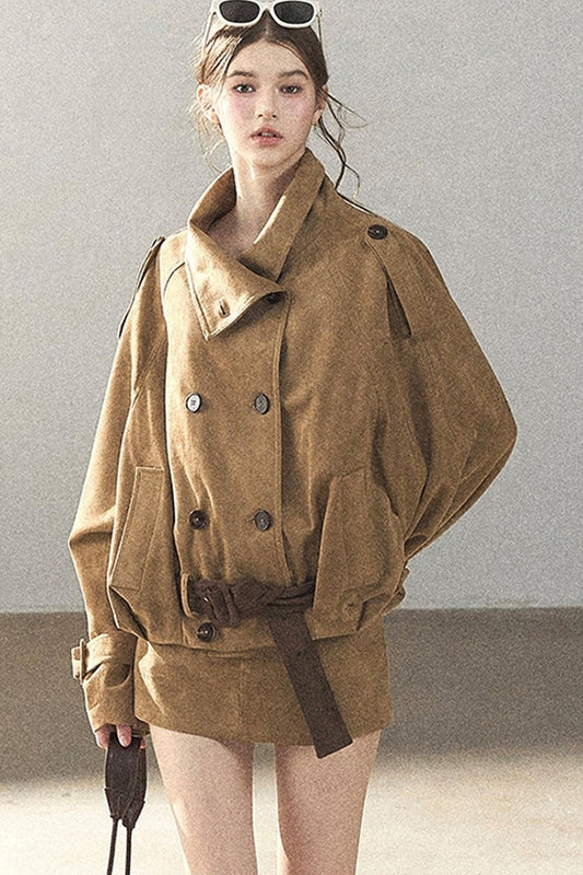 Chestnut Brown Faux Suede Windbreaker and Shorts Set-Up