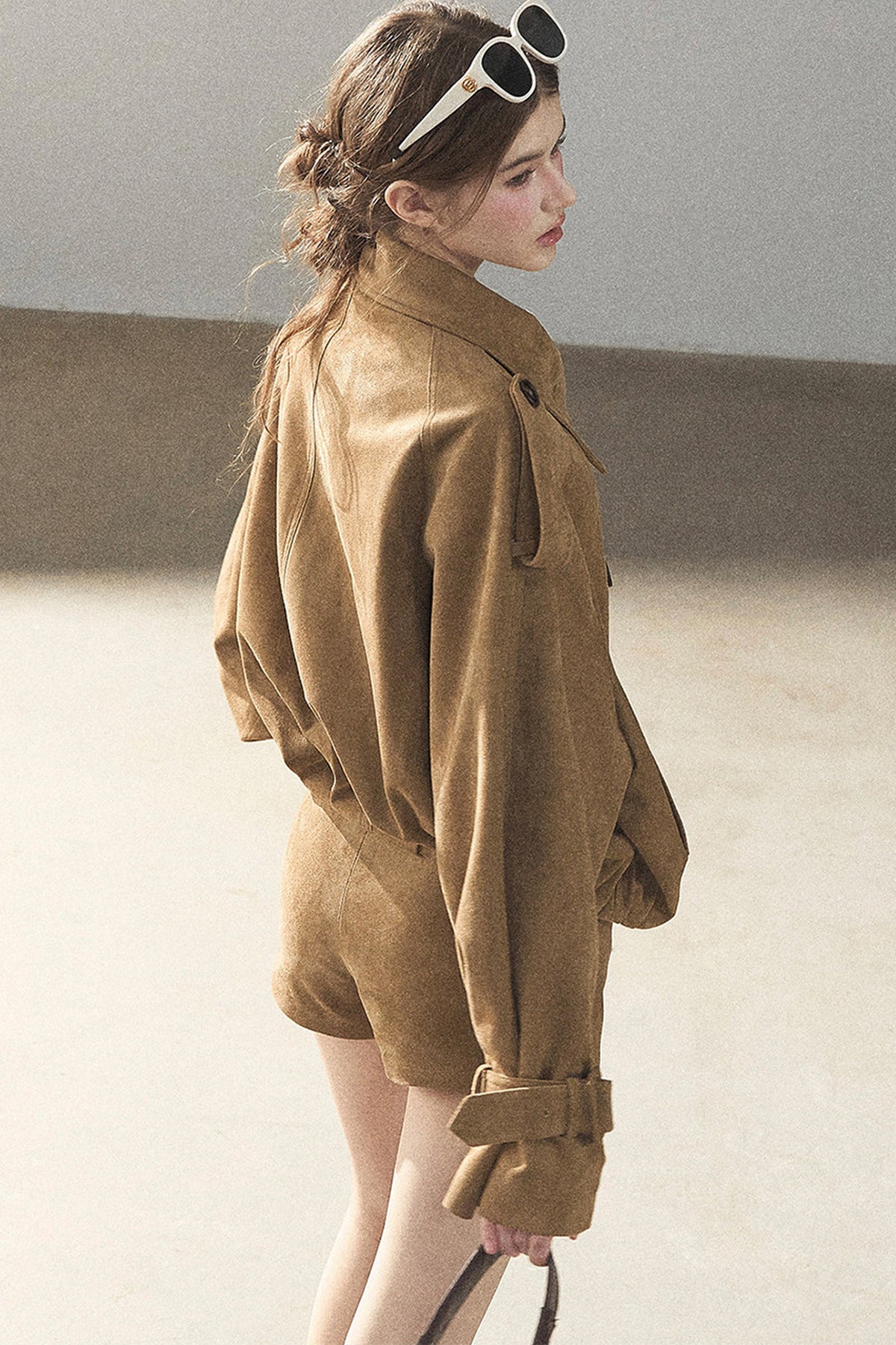 Chestnut Brown Faux Suede Windbreaker and Shorts Set-Up