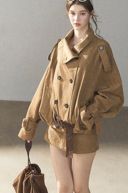Chestnut Brown Faux Suede Windbreaker and Shorts Set-Up