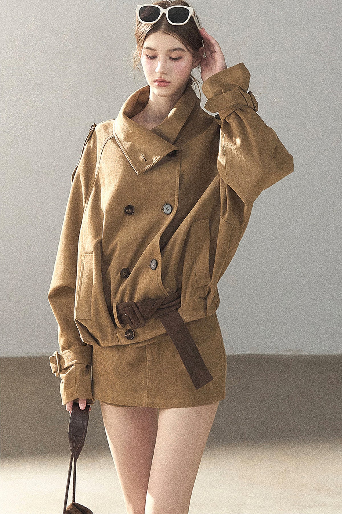 Chestnut Brown Faux Suede Windbreaker and Shorts Set-Up