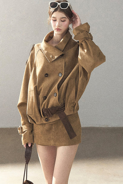 Chestnut Brown Faux Suede Windbreaker and Shorts Set-Up